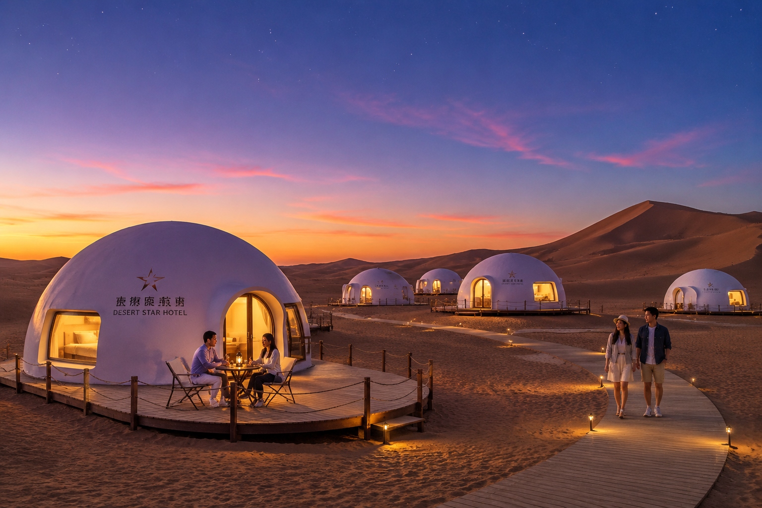 Desert star hotel cabins in Ningxia glowing at dusk with stars appearing above the Tengger Desert