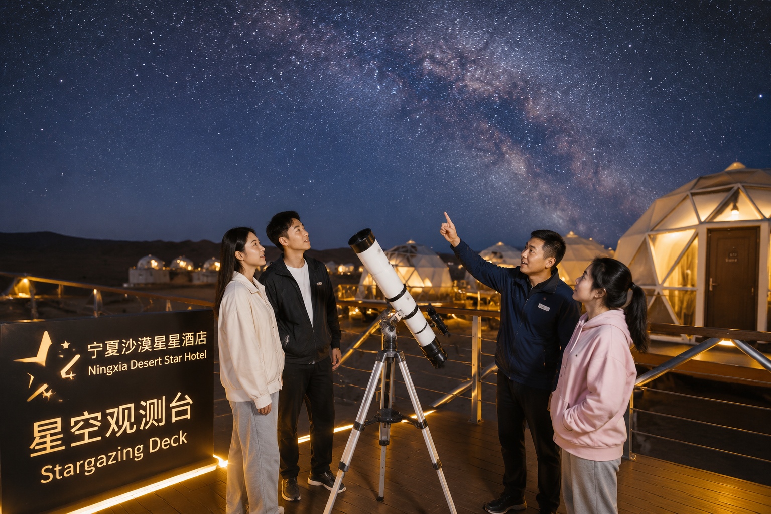 Tourists stargazing through telescopes at Ningxia desert star hotel with the Milky Way above