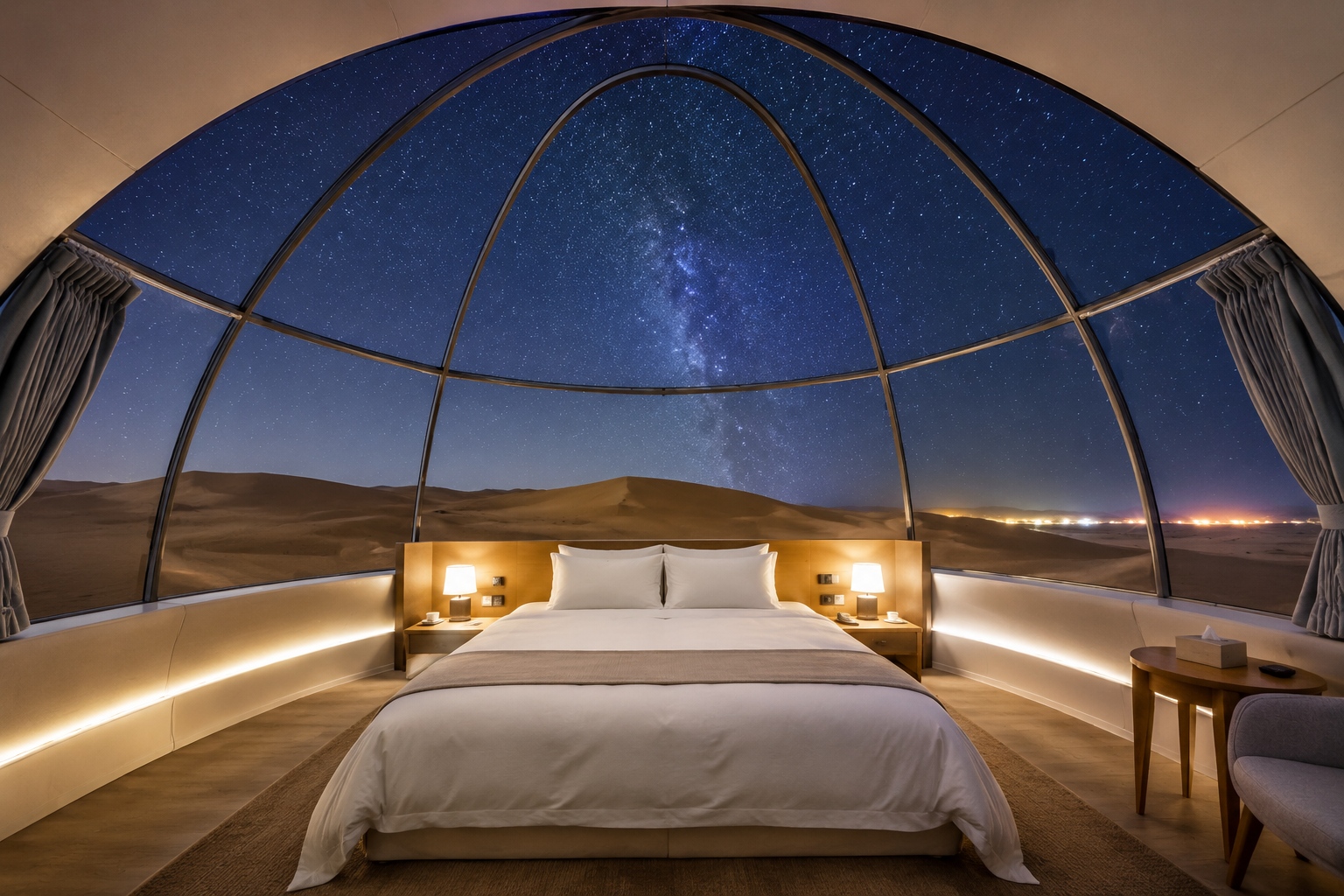 Bed under a glass dome ceiling showing stars at the Ningxia desert hotel