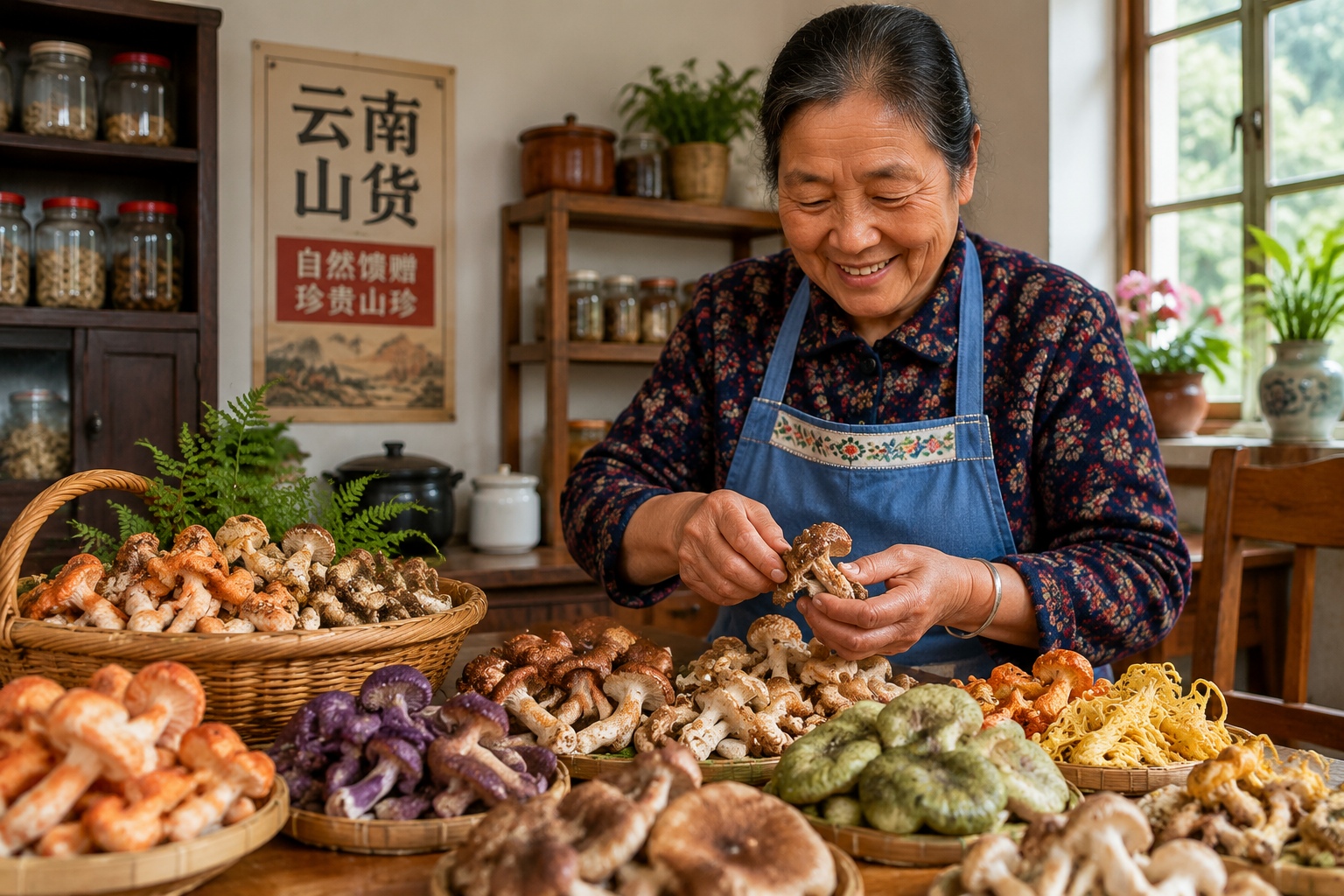 A Yunnan grandmother sorting freshly picked wild mushrooms on a kitchen table, with colorful fungi including jian shou qing, qing tou jun, and song rong, in a traditional Chinese home during summer mushroom season.