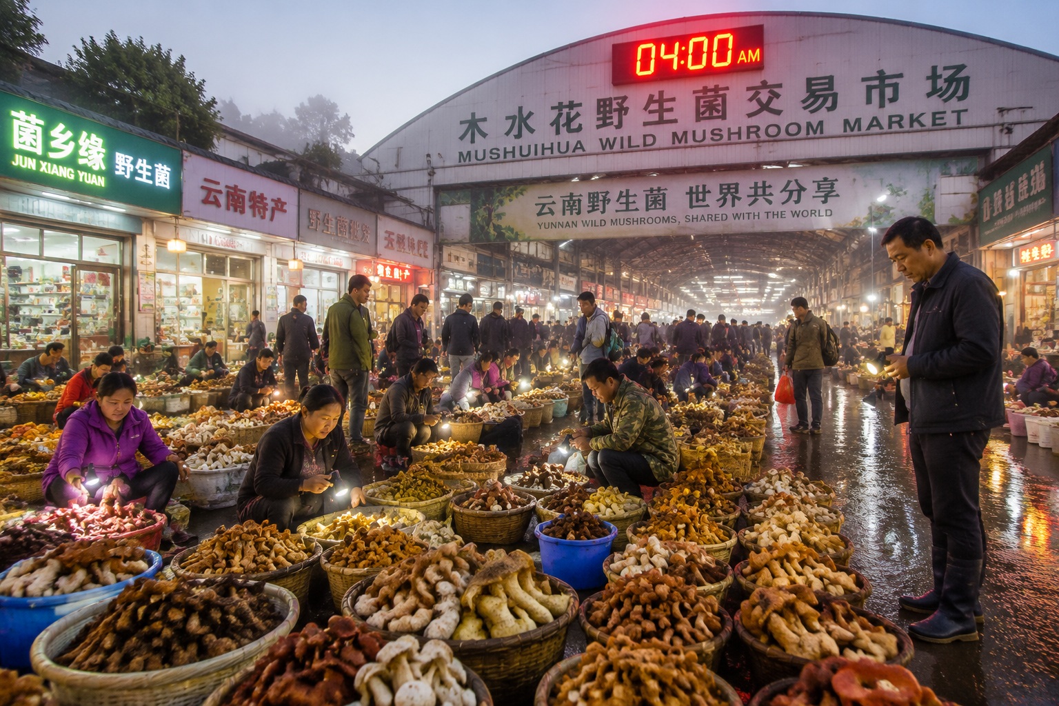 Crowded early morning wild mushroom market in Kunming, Yunnan, with vendors squatting on plastic stools and baskets of colorful fungi spread across the ground, buyers inspecting the mushrooms under dim fluorescent lights.