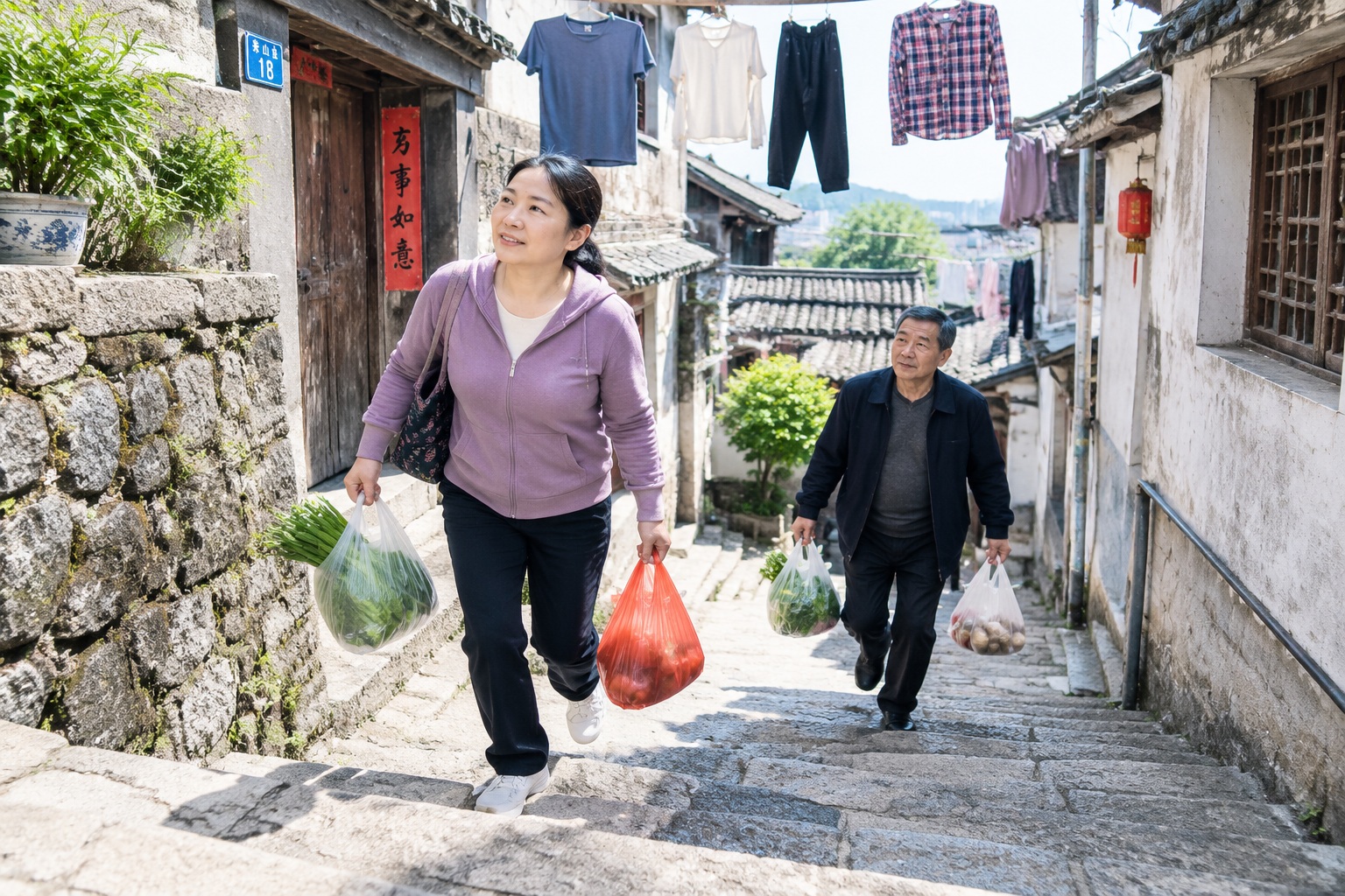 Steep narrow alleyway with laundry hanging overhead and locals climbing stone steps in Chongqing
