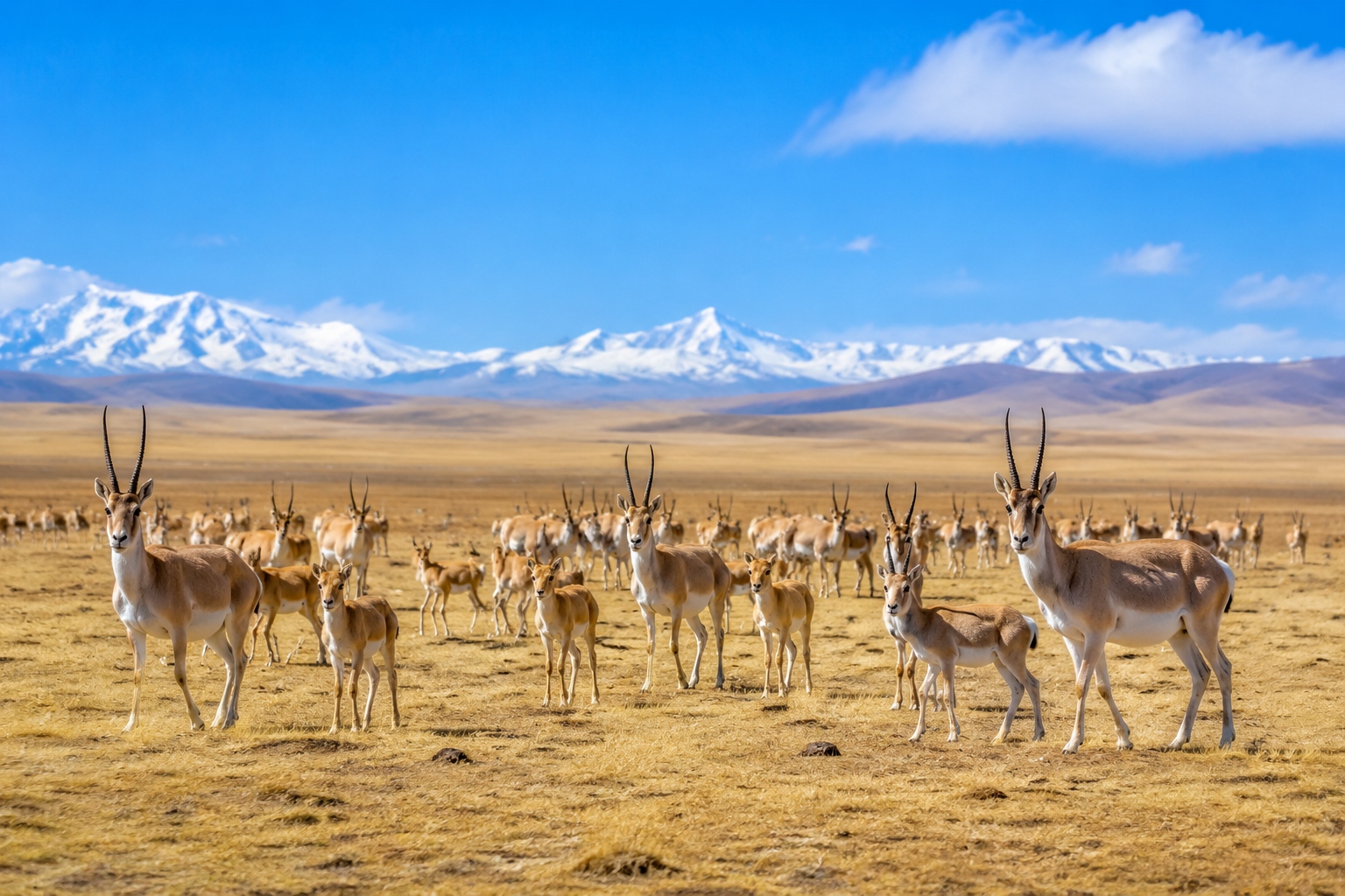 Herd of Tibetan antelopes (chiru) on the Qinghai-Tibet Plateau in China