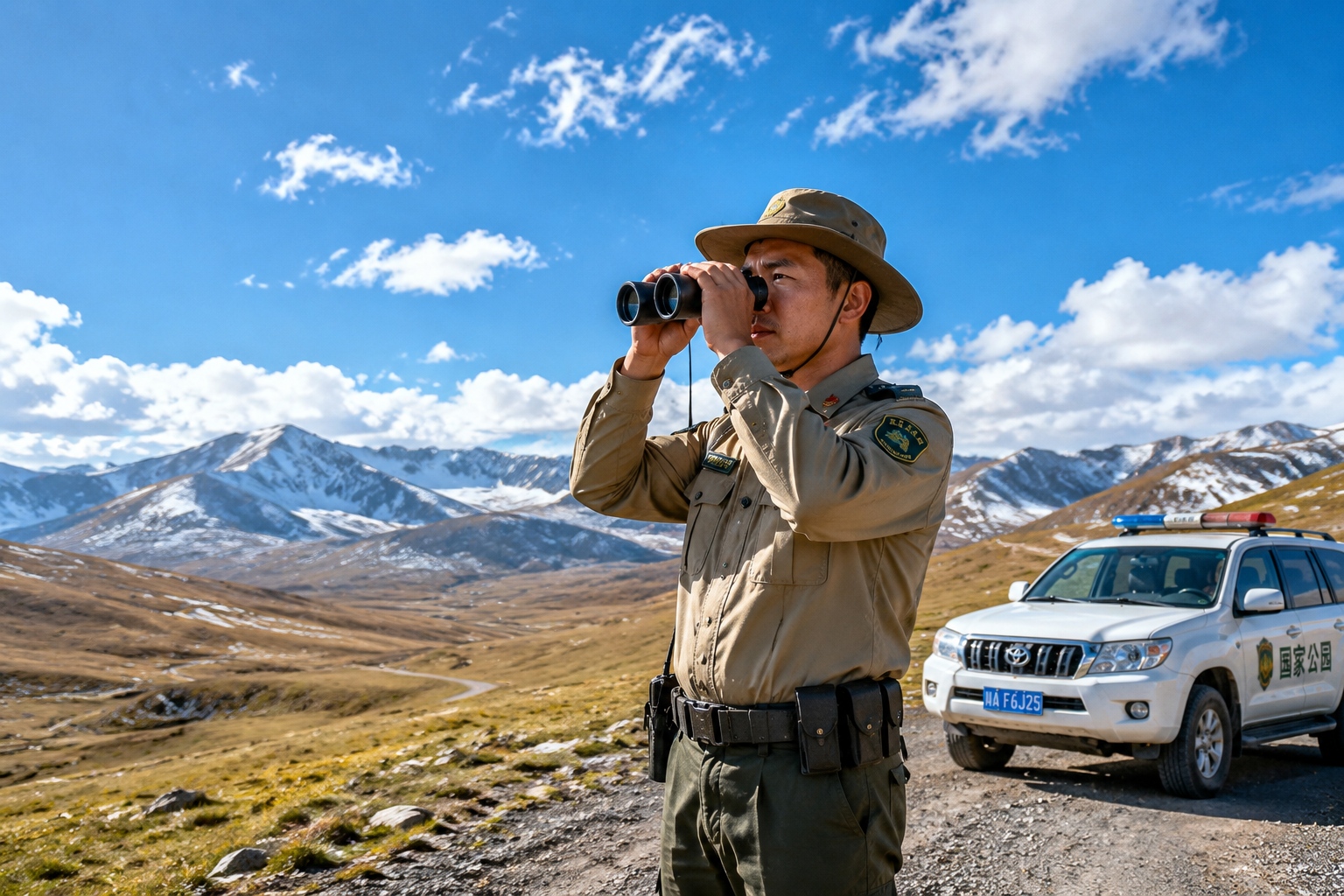Wildlife ranger monitoring Tibetan antelopes in Hoh Xil National Nature Reserve