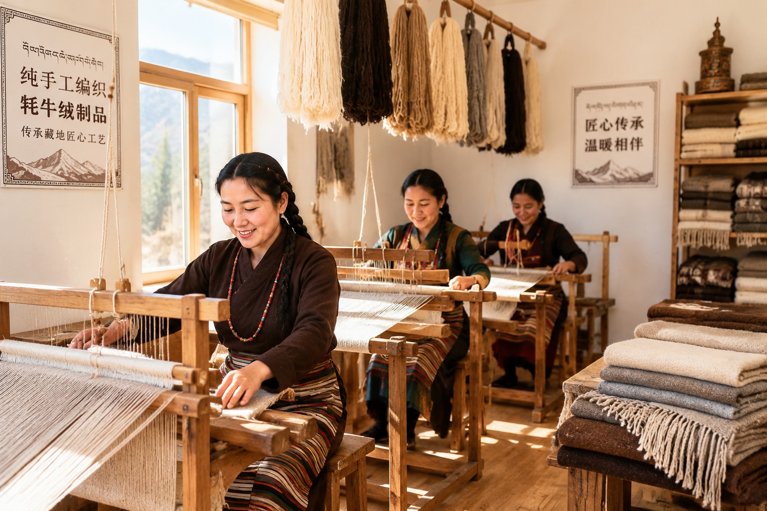 Tibetan women weaving yak wool scarves in a cooperative in Qinghai, China