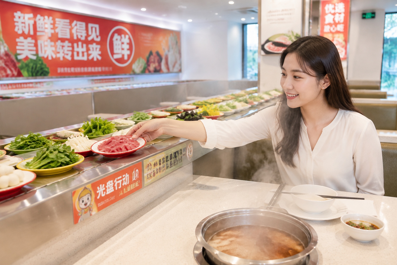 A young woman picks a plate of beef from a conveyor belt at a solo hot pot restaurant in China