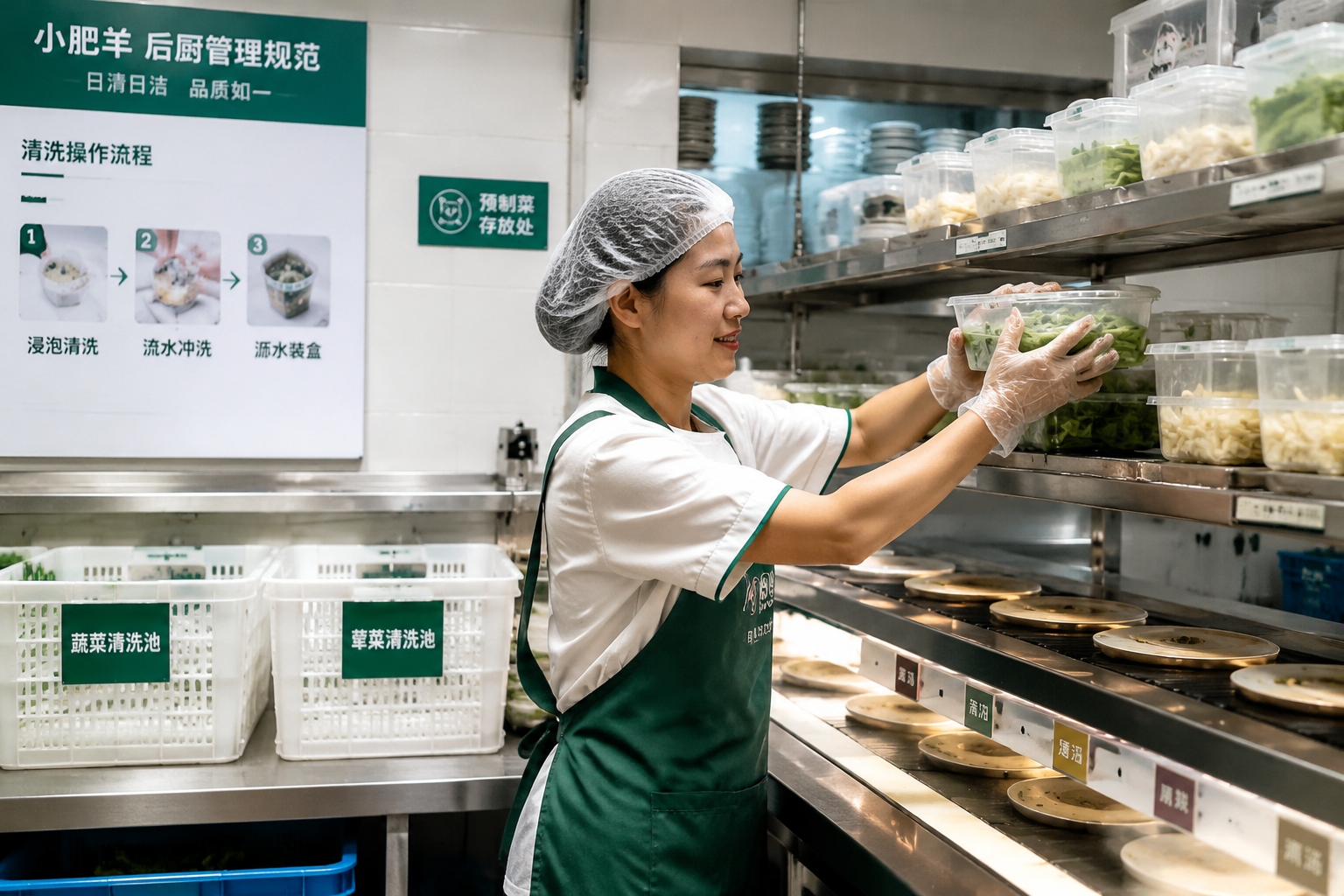 A worker prepares pre-packed ingredients for a conveyor-belt hot pot restaurant in China