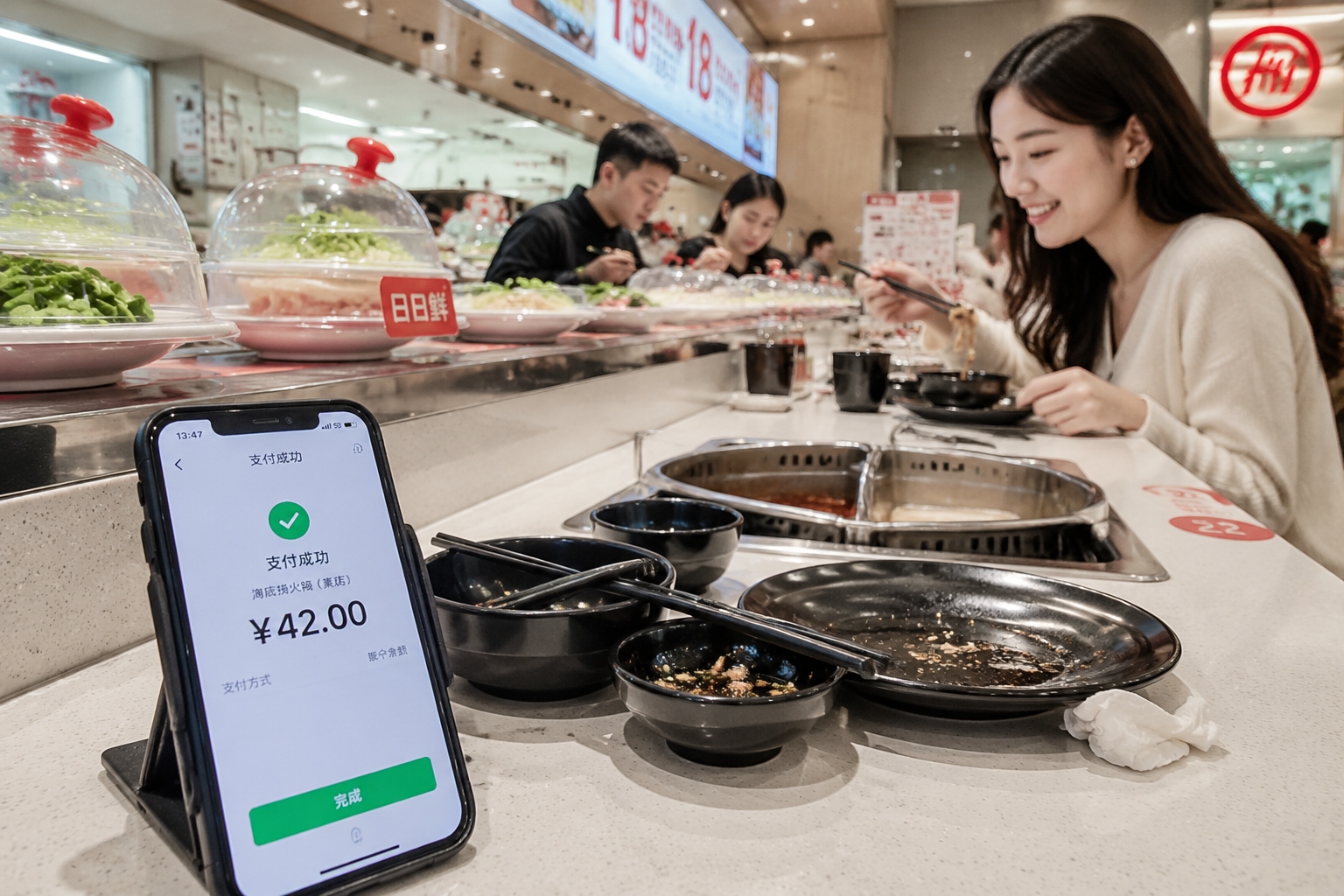 A customer pays for a solo hot pot meal using a smartphone app in China