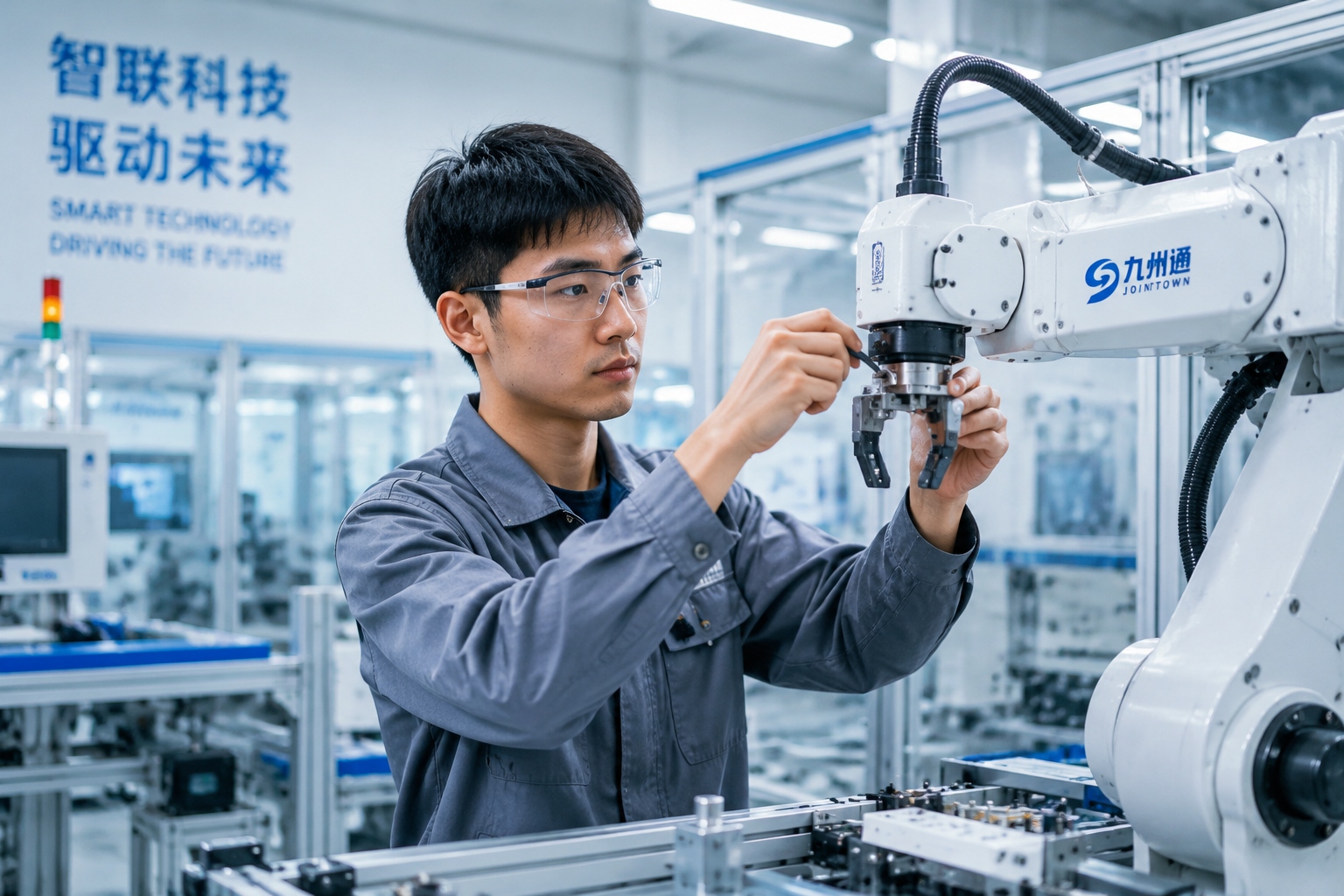 Young Chinese vocational graduate Li Ming calibrating a robotic arm in a Shenzhen smart factory