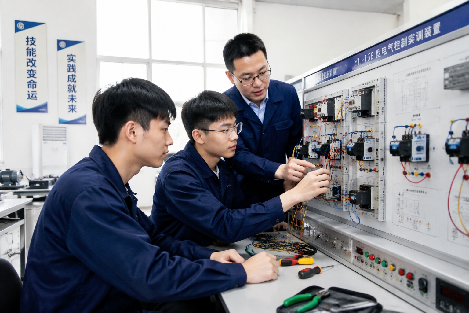 Vocational college students practicing electronic wiring under an instructor's guidance in a modern workshop