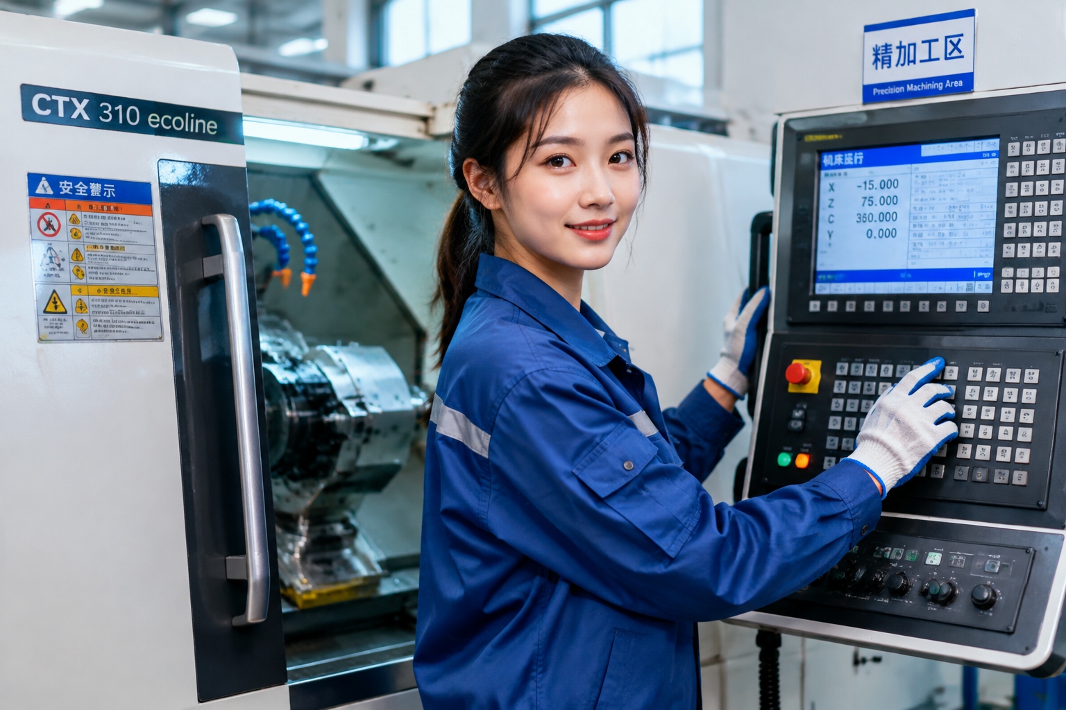 Young Chinese woman technician operating a CNC machine in a modern workshop