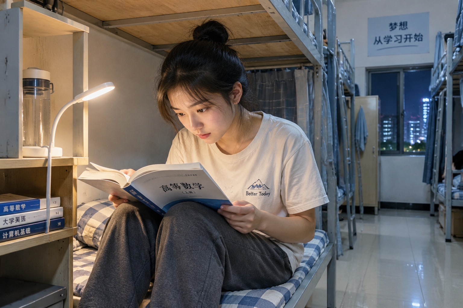 From Factory to University: A Rural Girl's Path to Success 23 Woman studying for China's gaokao in a shared factory dormitory at night