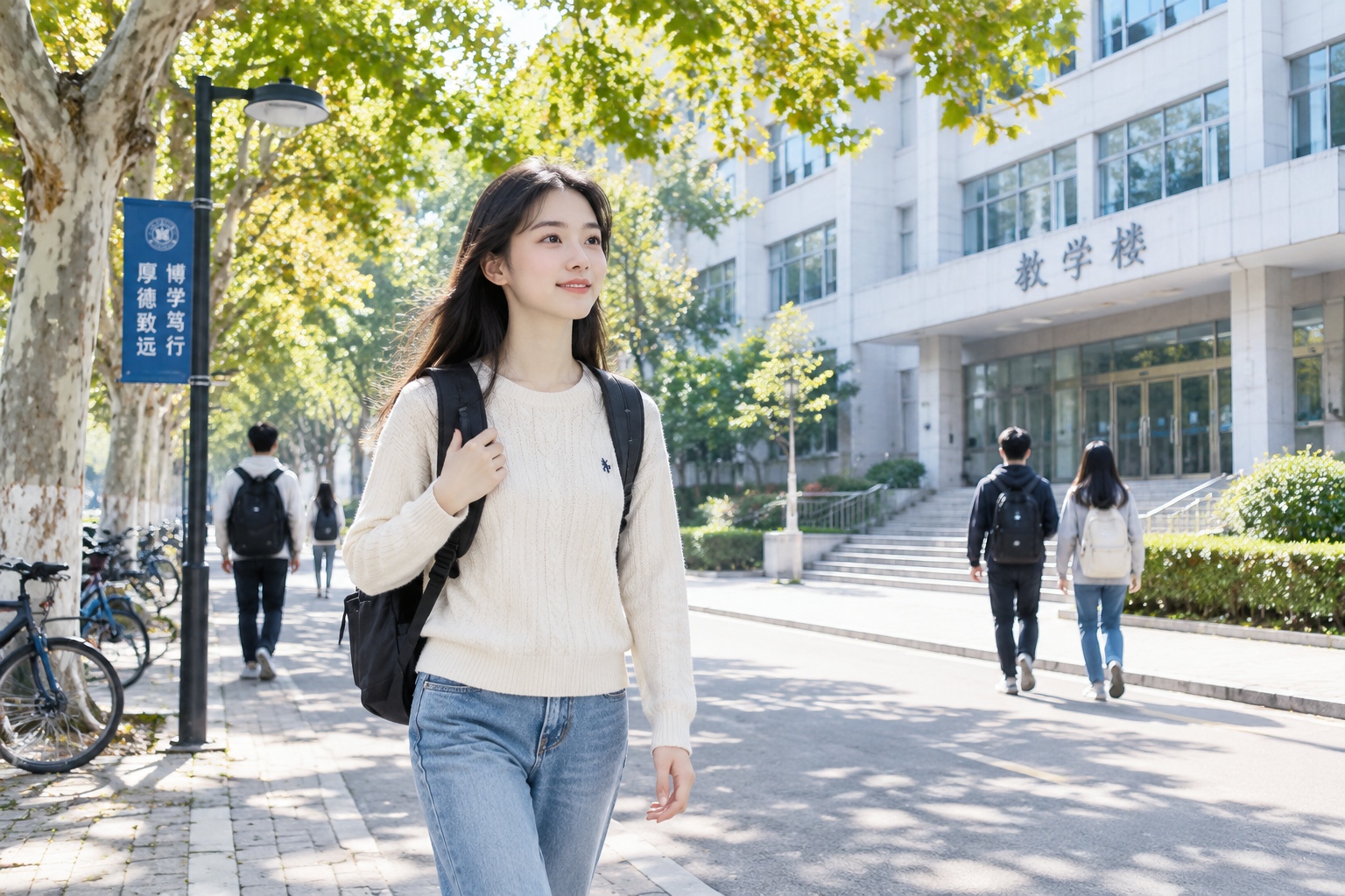 From Factory to University: A Rural Girl's Path to Success 24 Rural Chinese student walking on a university campus in the morning after returning to school from factory work