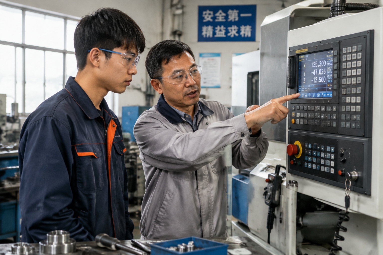 Chinese vocational student learning from a technician at a factory control panel
