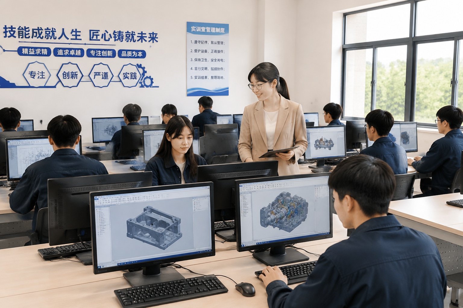 Students learning computer-aided design in a Chinese vocational college classroom