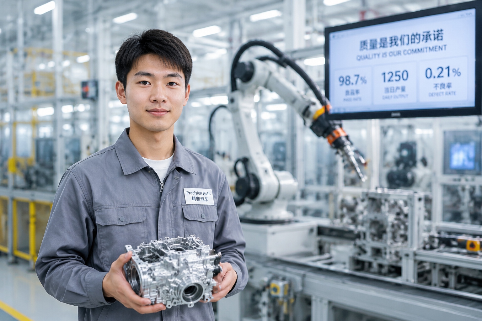 Young Chinese vocational graduate inspecting a precision part in a smart factory