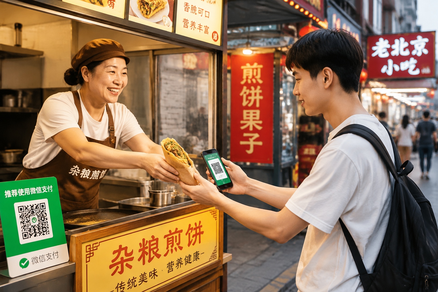 Customer paying with QR code at a street food stall in China