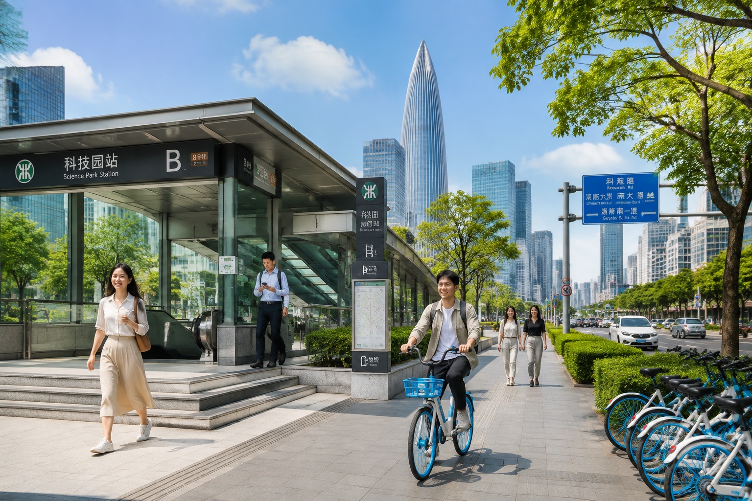 Modern street in Shanghai with shared bikes and new metro line