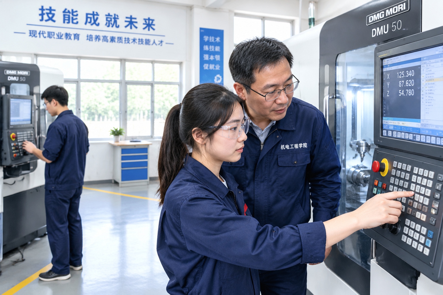 How China's Vocational Education Trains a New Generation of Artisans 22 Young Chinese vocational student operating a CNC milling machine under the guidance of an instructor in a modern workshop