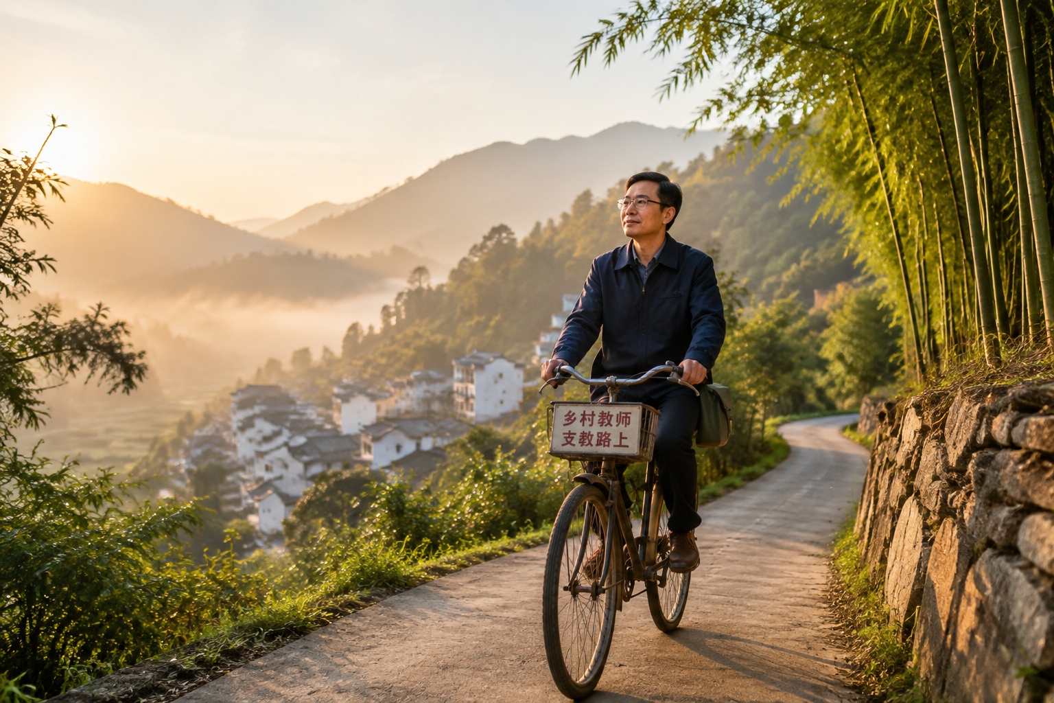 A rural teacher rides his bicycle along a dawn mountain path to reach a small village school in Sichuan, China.