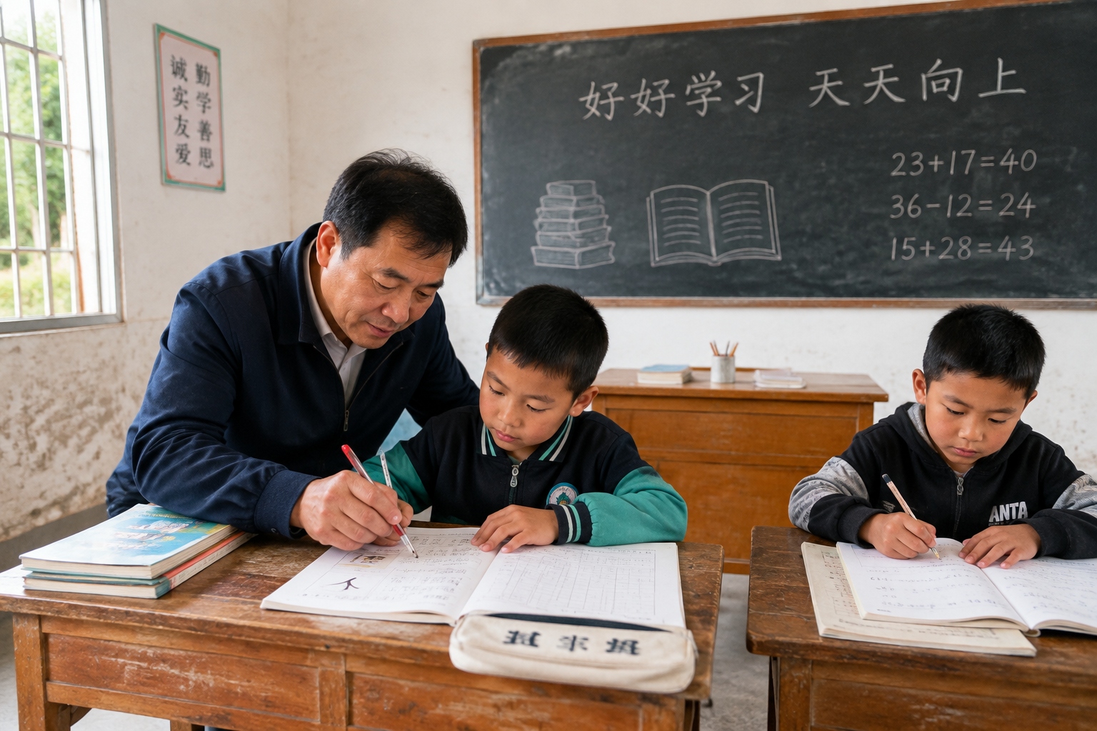 A rural teacher leans over a student's notebook to correct Chinese character strokes in a multi-grade classroom.