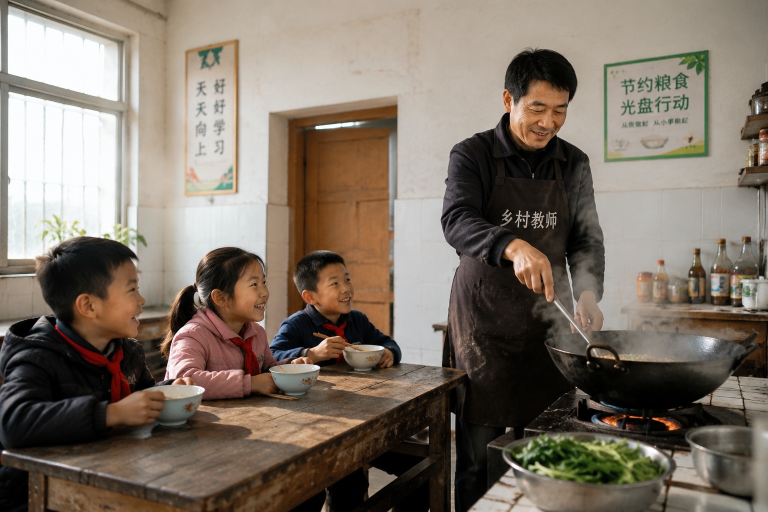 A rural teacher prepares lunch for his three students in a small kitchen inside the village school.