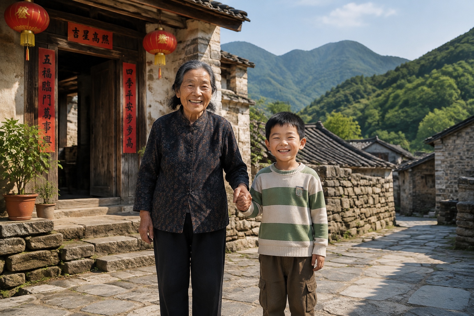 An elderly villager looks after her grandson in a nearly empty village, where school enrollment has dropped sharply.