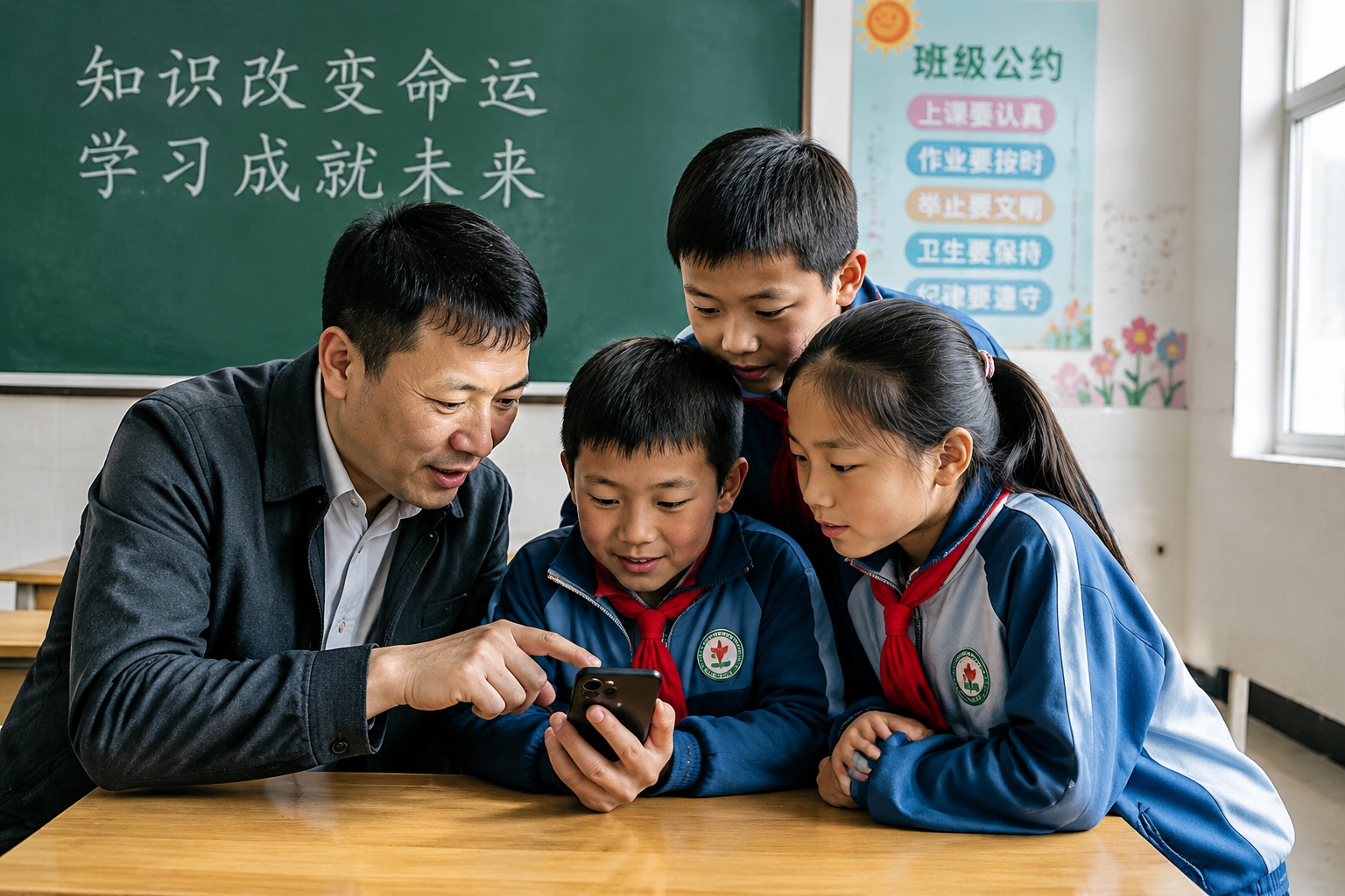 A rural teacher uses a smartphone to show his students videos from outside their village during a lesson.