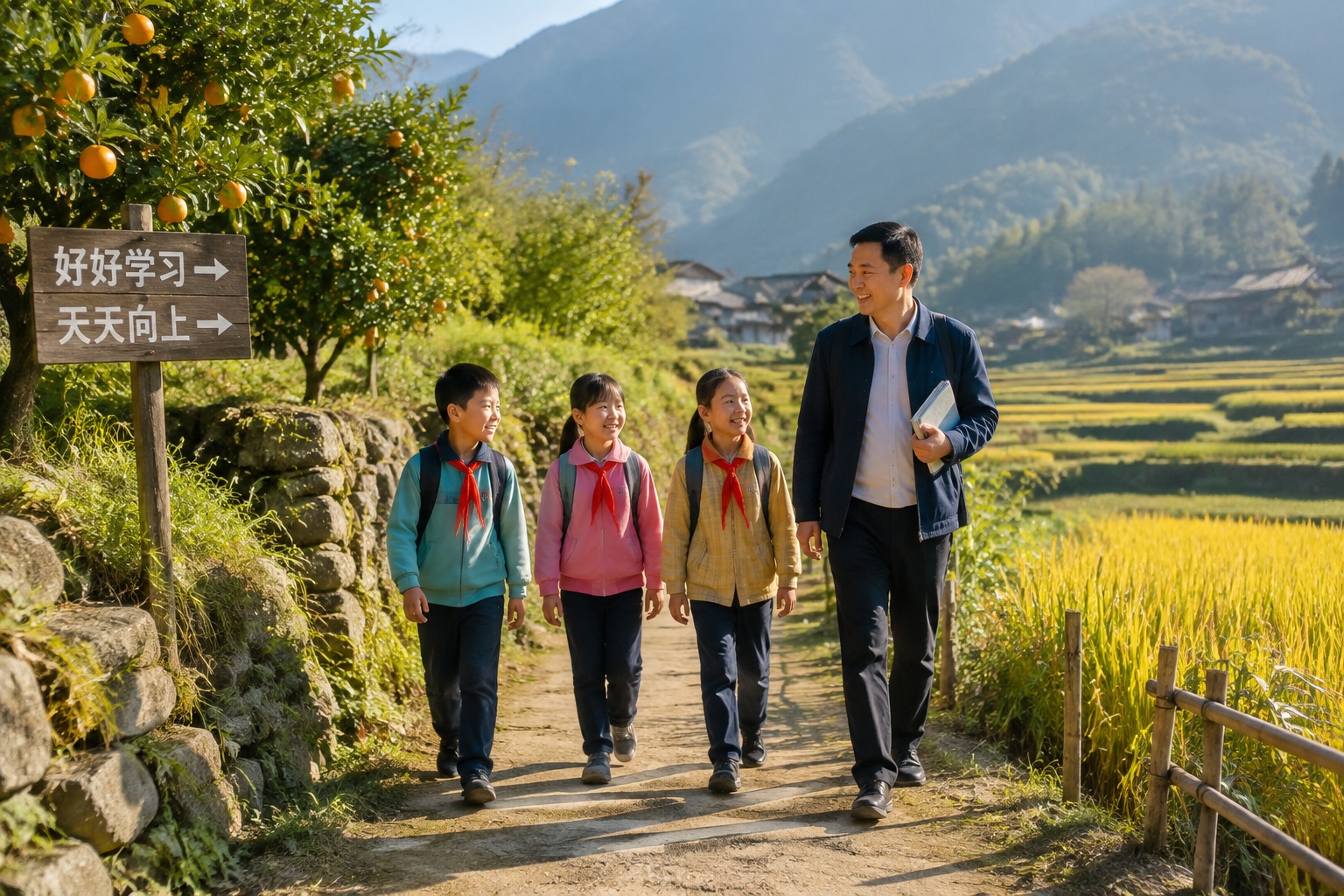 A rural teacher walks his three students home along a mountain path in the late afternoon.