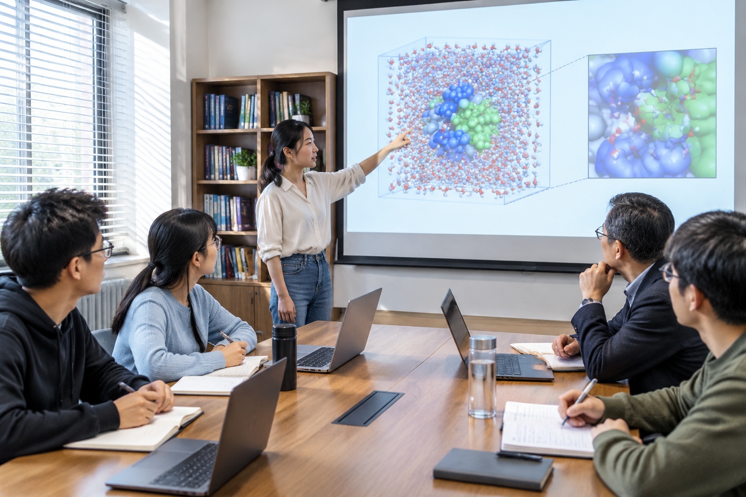 Post-90s PhD researcher presenting molecular simulation data during a weekly lab meeting in a Chinese university