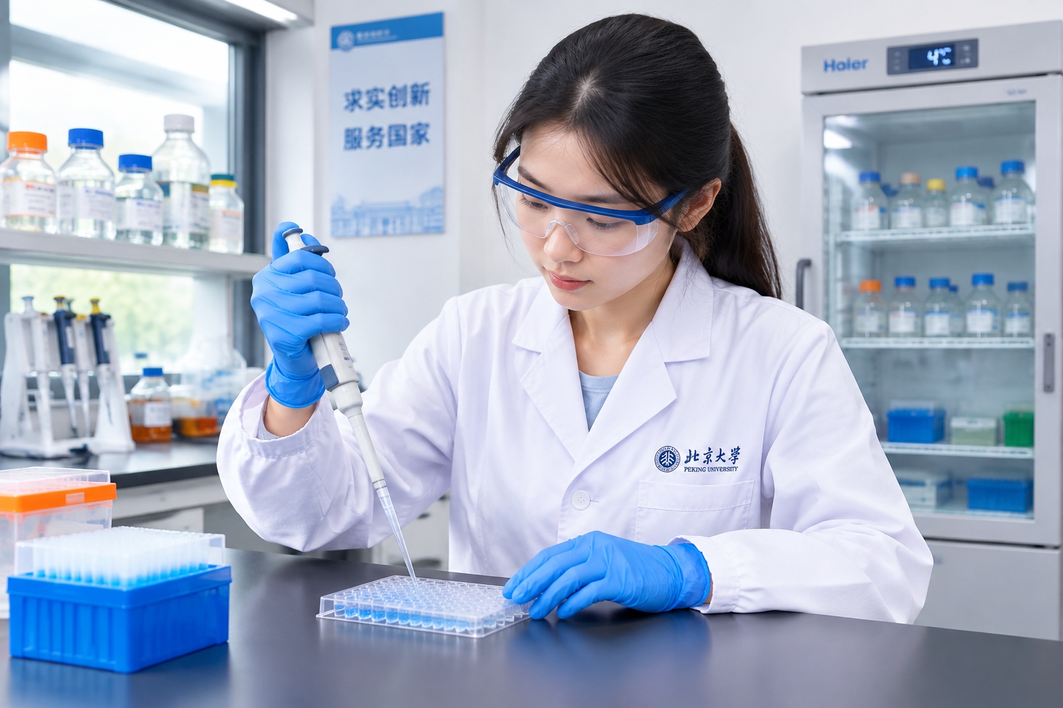 Young Chinese female PhD student pipetting samples into a 96-well plate in a university biochemistry lab