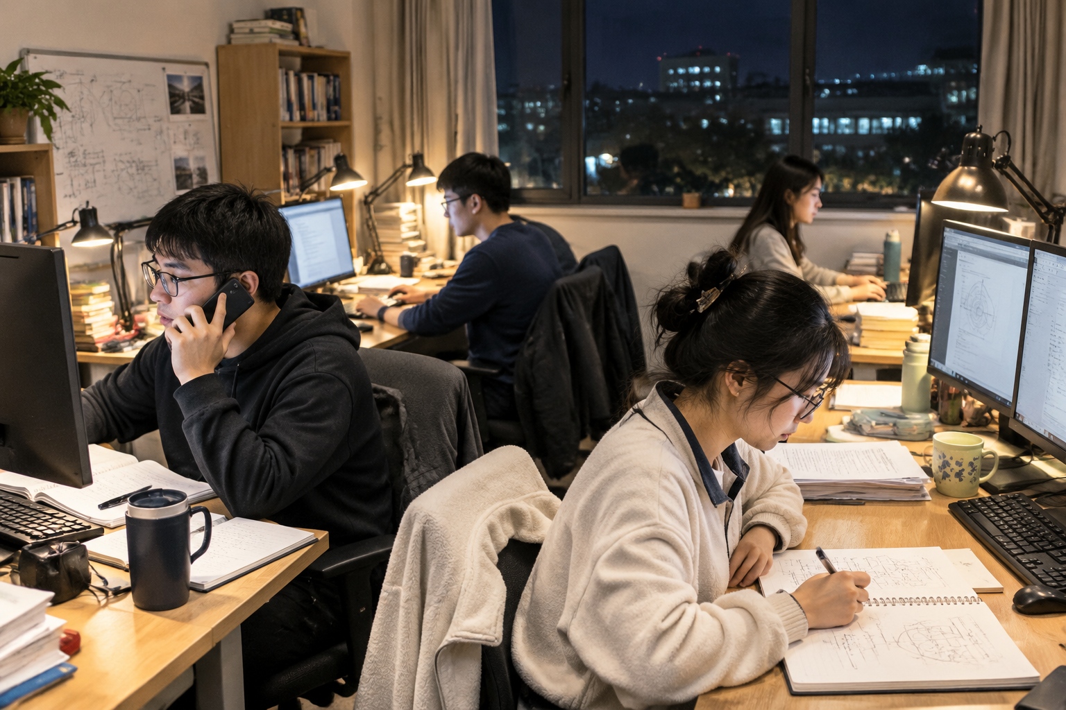 Chinese post-90s PhD students working late at night in a shared university graduate office