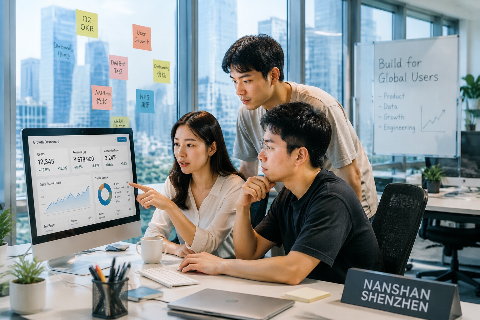 Shenzhen startup team reviews AI customer service data in their Nanshan office