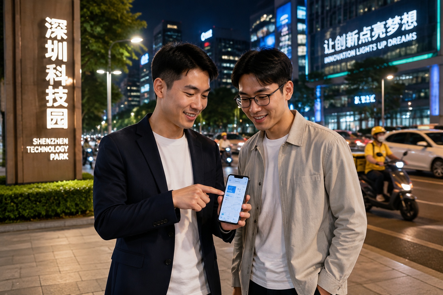 Alex shows his AI product on a mobile phone to a friend on a lively Shenzhen street at night