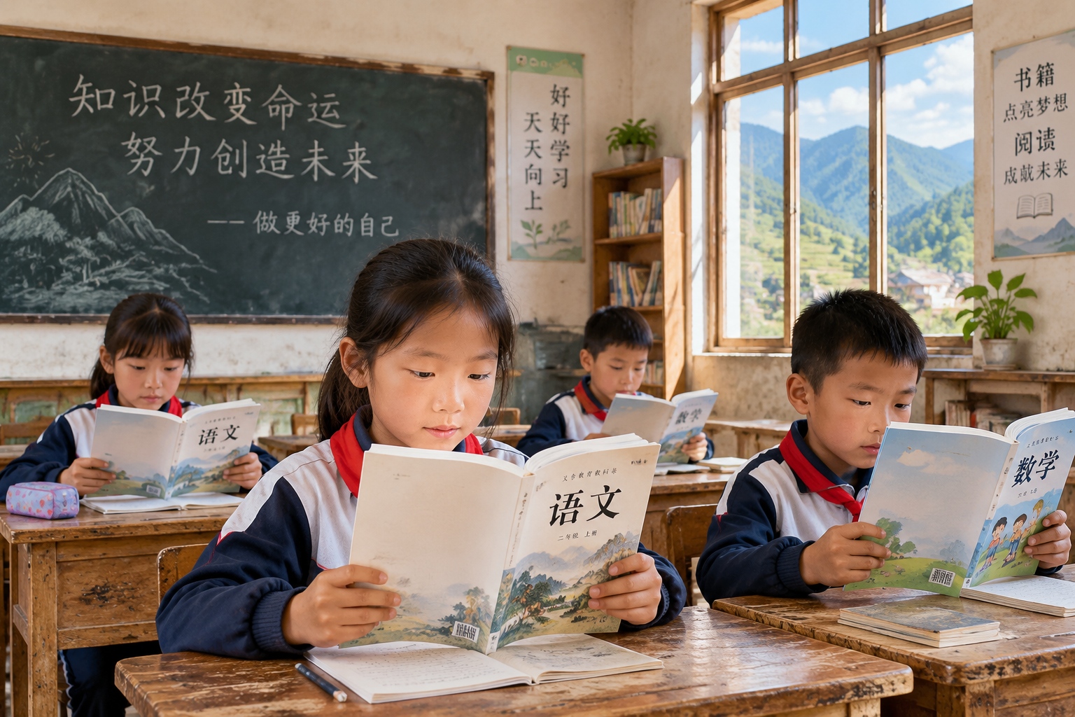 Rural primary school students studying in a simple classroom in Yunnan, China.