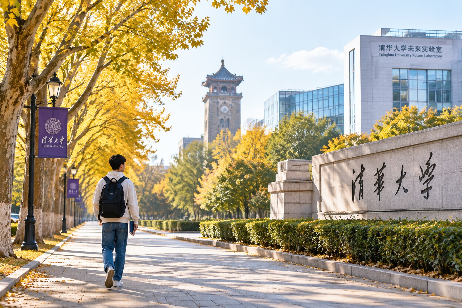 Tsinghua University campus in Beijing, with a student walking along a tree-lined path.