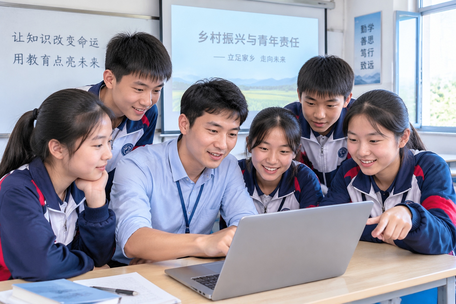 Young teacher showing a laptop screen to rural middle school students in a coding club in Yunnan.