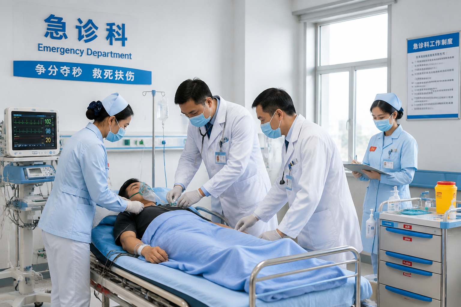 Chinese county hospital emergency team treating a patient in a modern emergency bay