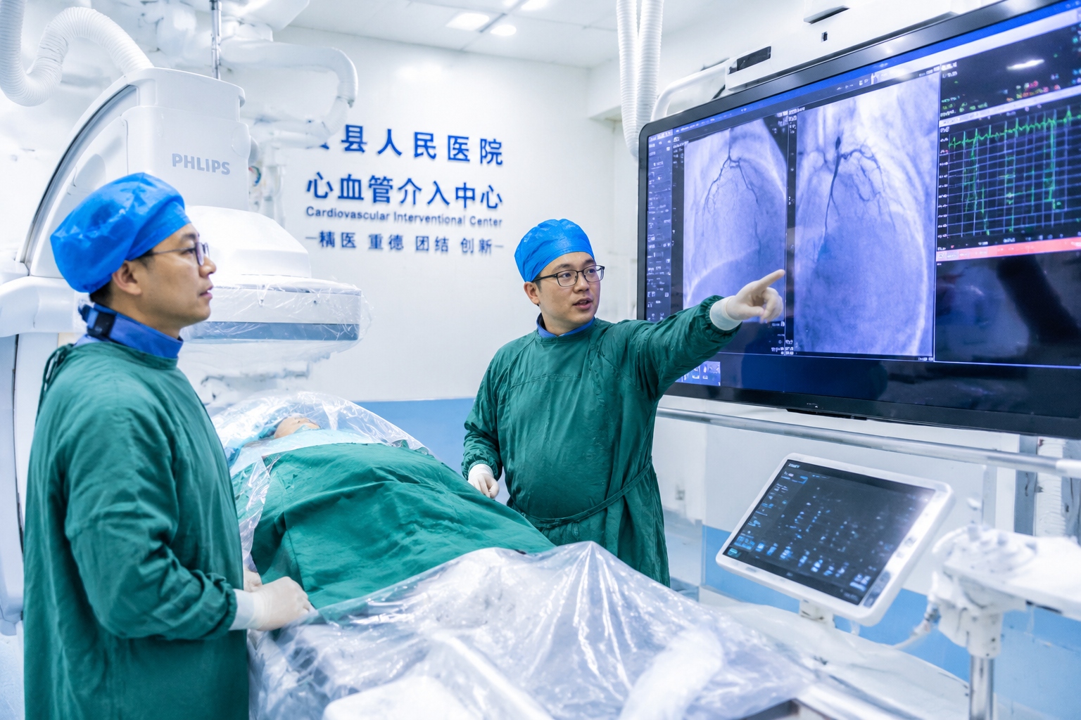 Doctors reviewing cardiac scans in a county hospital catheterization lab in China