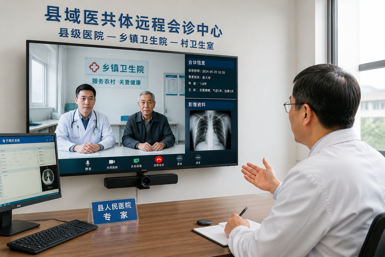 Telemedicine consultation between a Chinese county hospital doctor and a rural clinic patient
