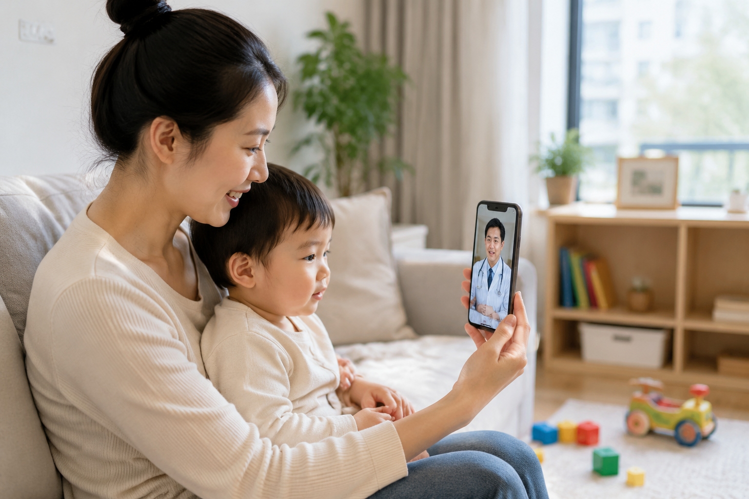 Young Chinese mother having an online video consultation with a pediatrician while her toddler sits on her lap