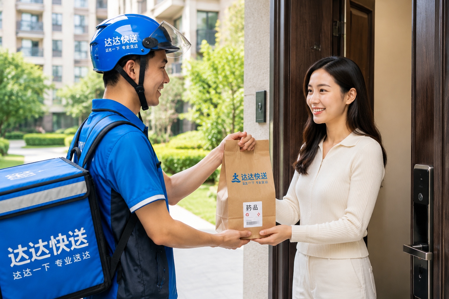 Chinese courier delivering medicine ordered online to a woman at her doorstep