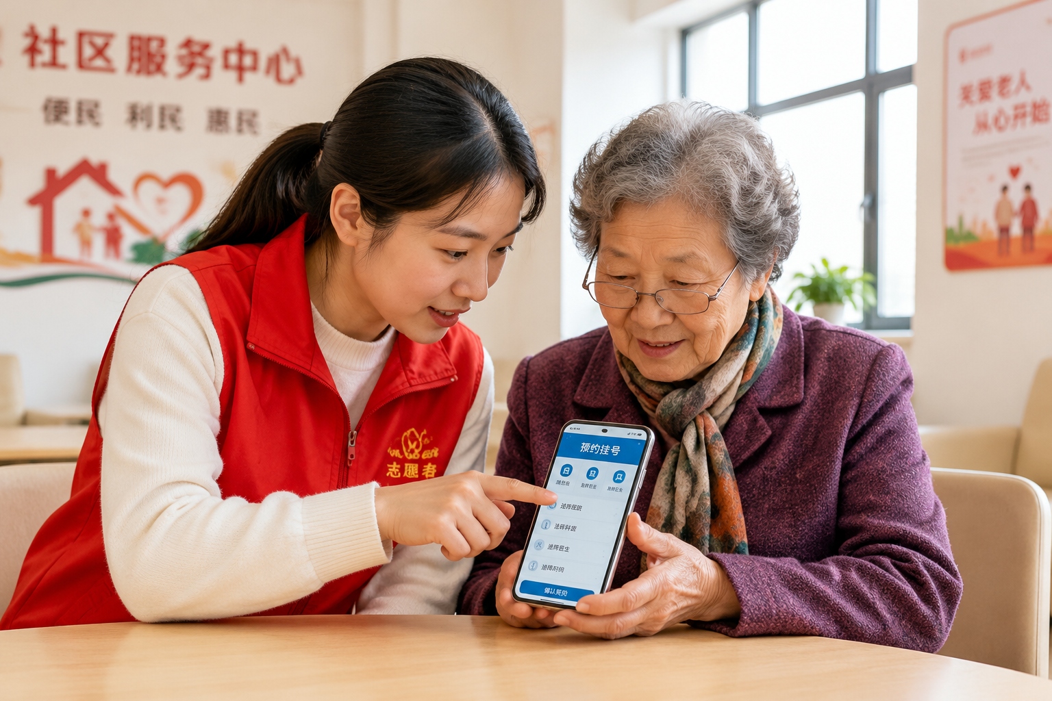 Community volunteer helping an elderly Chinese woman book a hospital appointment on a smartphone