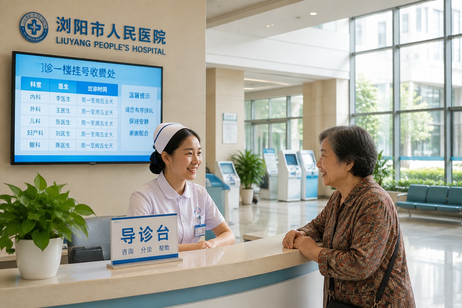A senior patient receives help from a nurse in the bright lobby of Liuyang People's Hospital, a county-level hospital in China.