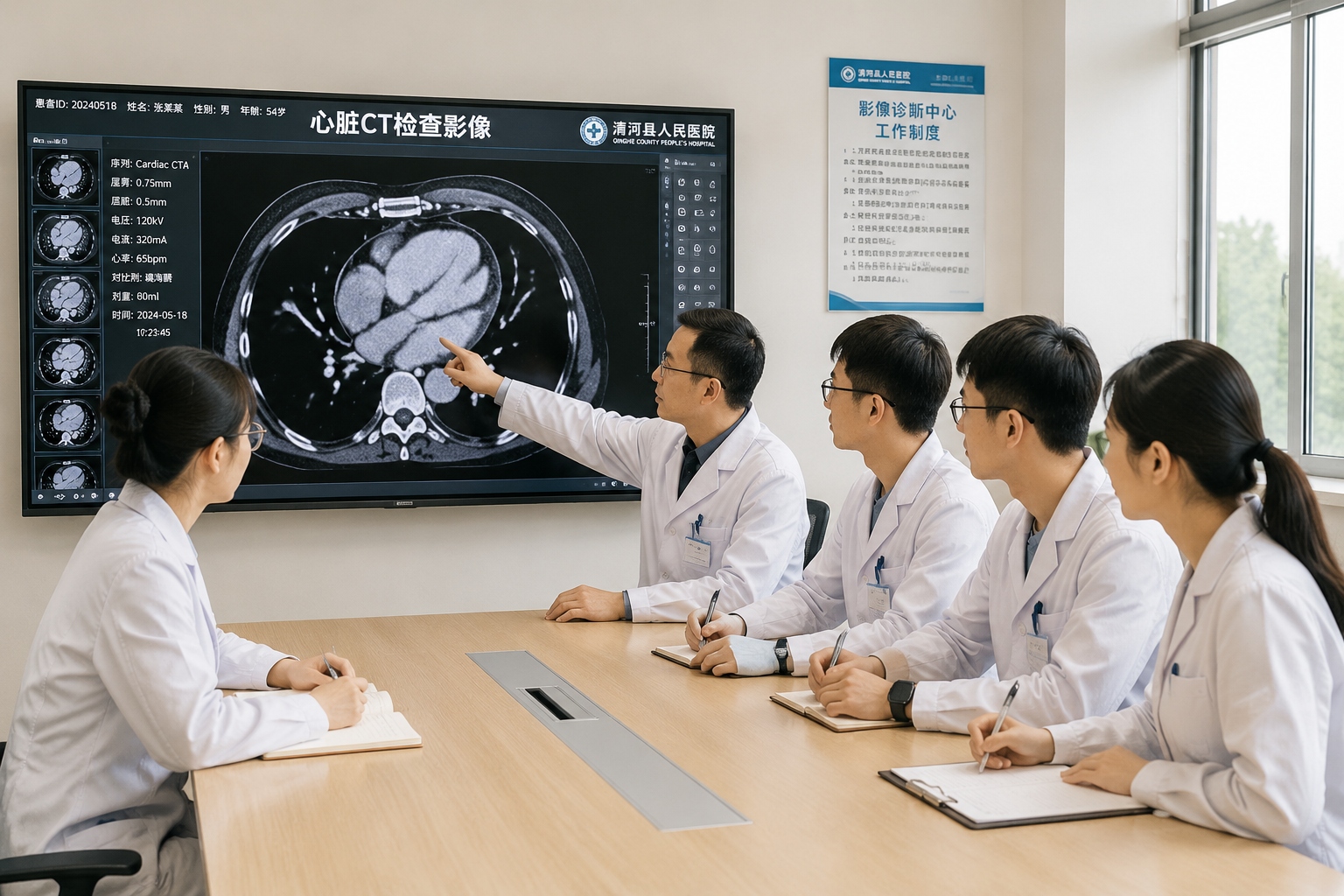 Young doctors at Liuyang People's Hospital review a cardiac CT scan with a senior colleague.