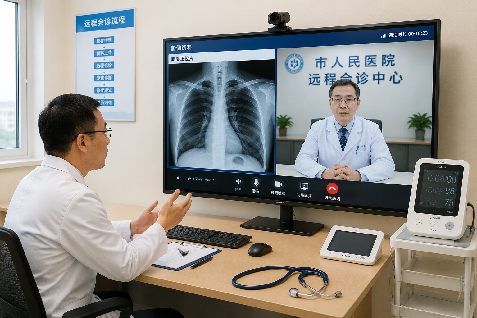 A doctor at Liuyang People's Hospital consults with a specialist in Changsha via telemedicine.