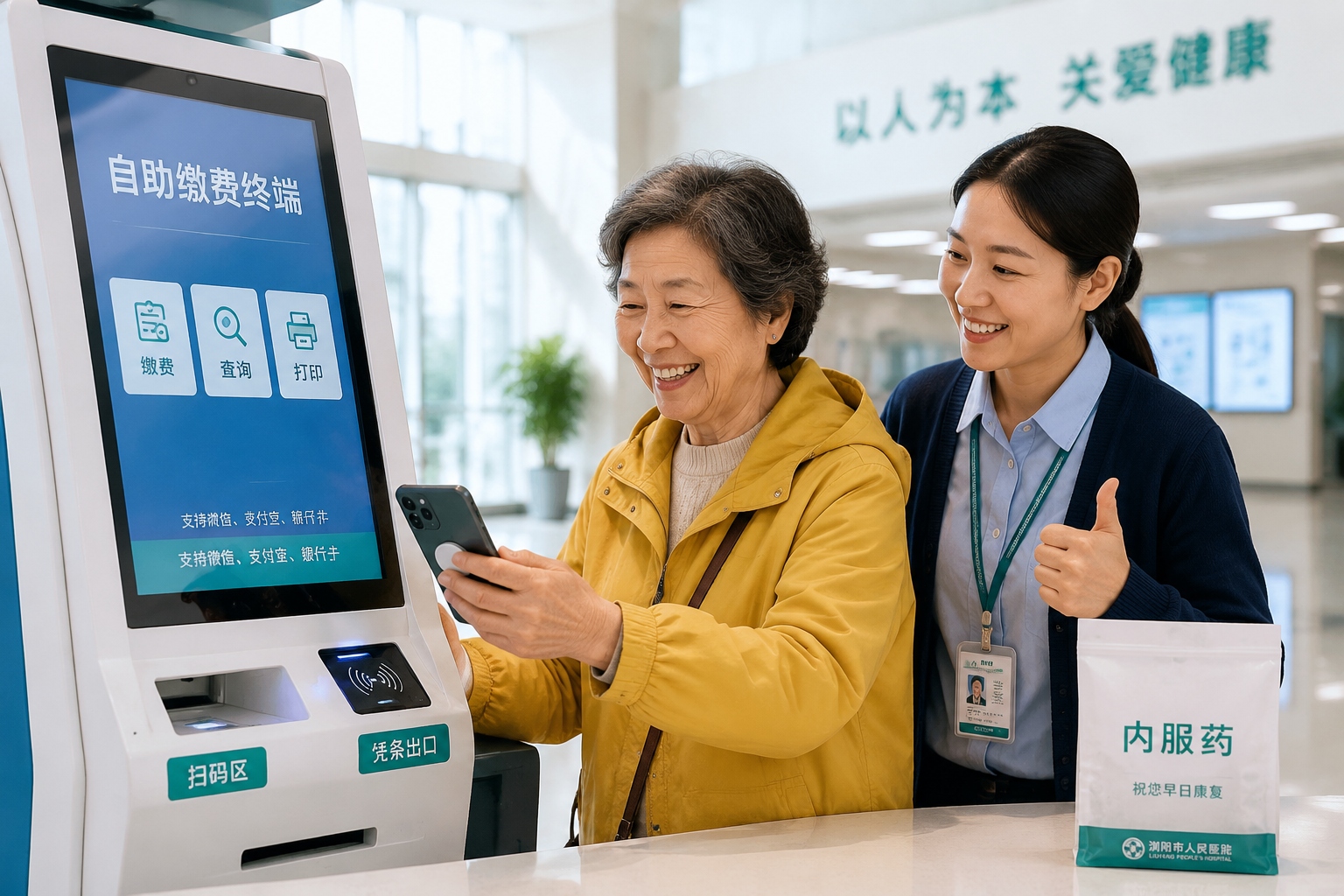 An elderly patient at Liuyang People's Hospital checks her bill and pays with a smartphone at a self-service kiosk.