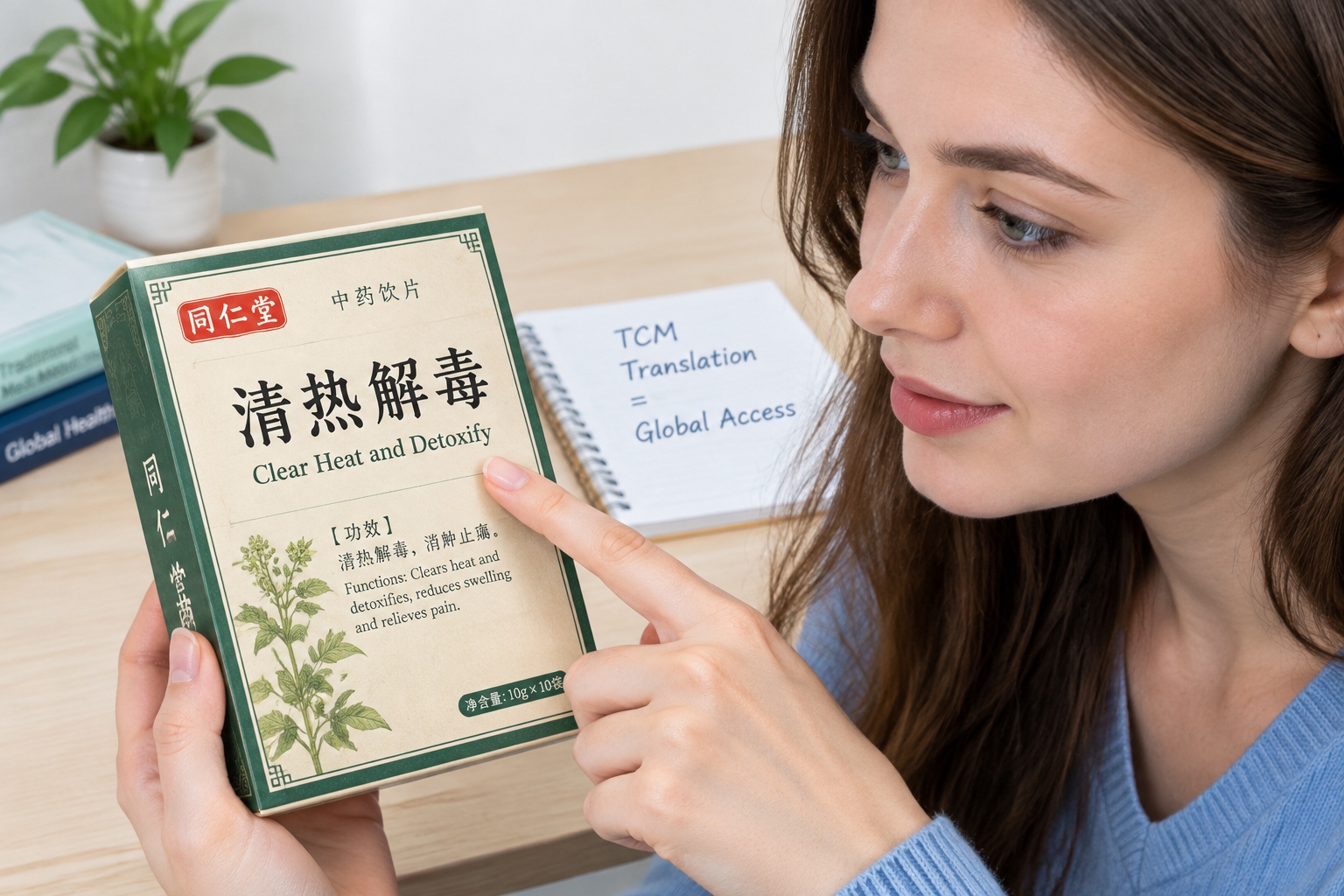 Close-up of a Chinese medicine label with the term 清热解毒 and an English translation note, illustrating the difficulty of translating TCM terminology