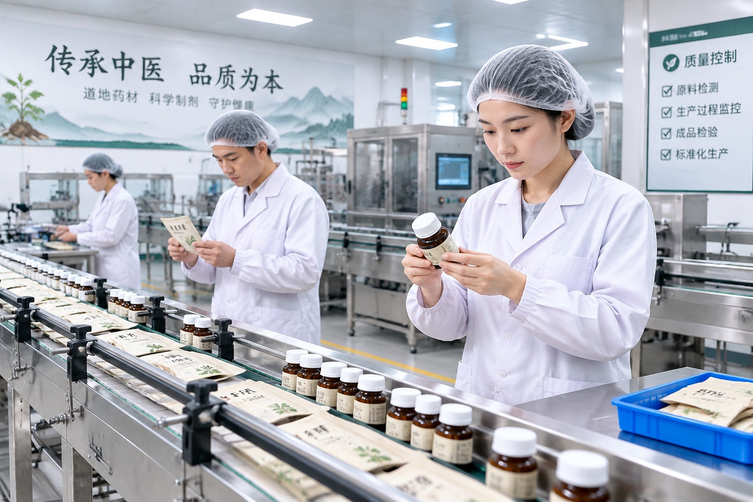 Workers in a modern Chinese herbal medicine factory inspecting packaged granules on a production line, showcasing standardized manufacturing