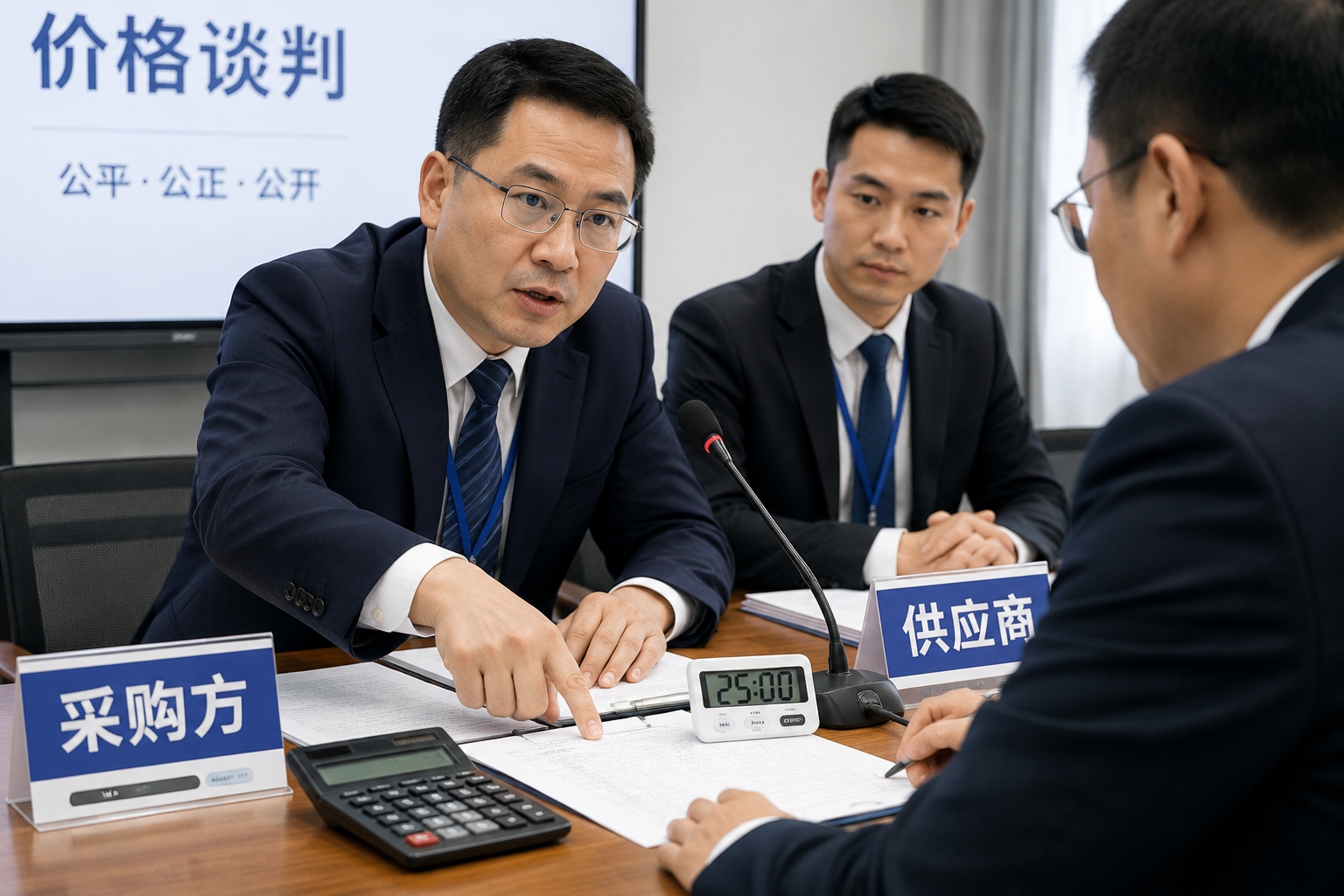 Chinese health insurance negotiator pointing at drug pricing documents during a negotiation session with a timer visible on the table